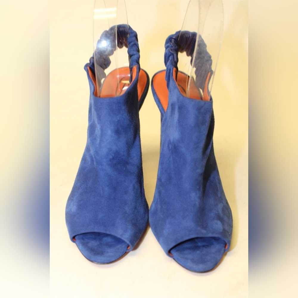 Santoni Italy Made Luxury Blue Suede Slingback Peep Toe Heels SANDALS Shoes 37 7 - Picture 10 of 16